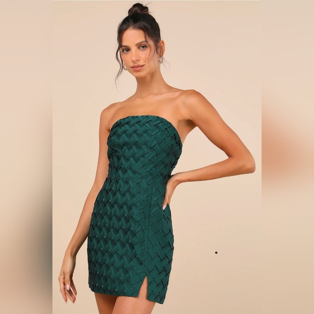 NWT Lulus Modern Event Emerald Woven Texture Strapless Bodycon Mini Dress - L